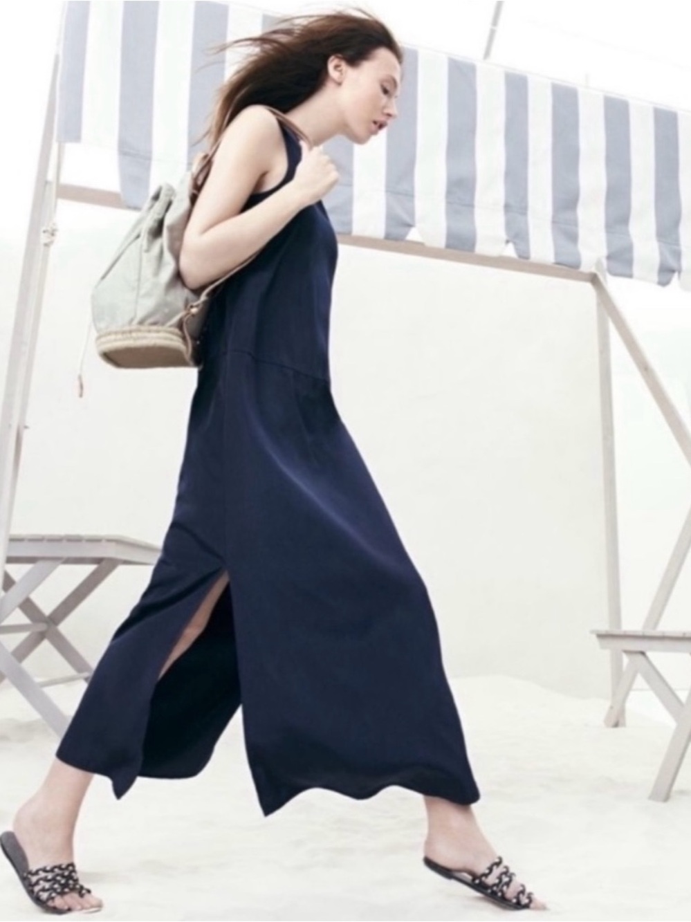 J.Crew Navy Blue Sleeveless Chiffon Maxi Dress Sz Medium Open Slit Sides Preppy